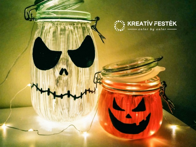 Ijesztő halloweeni lámpás akrilfestékkel